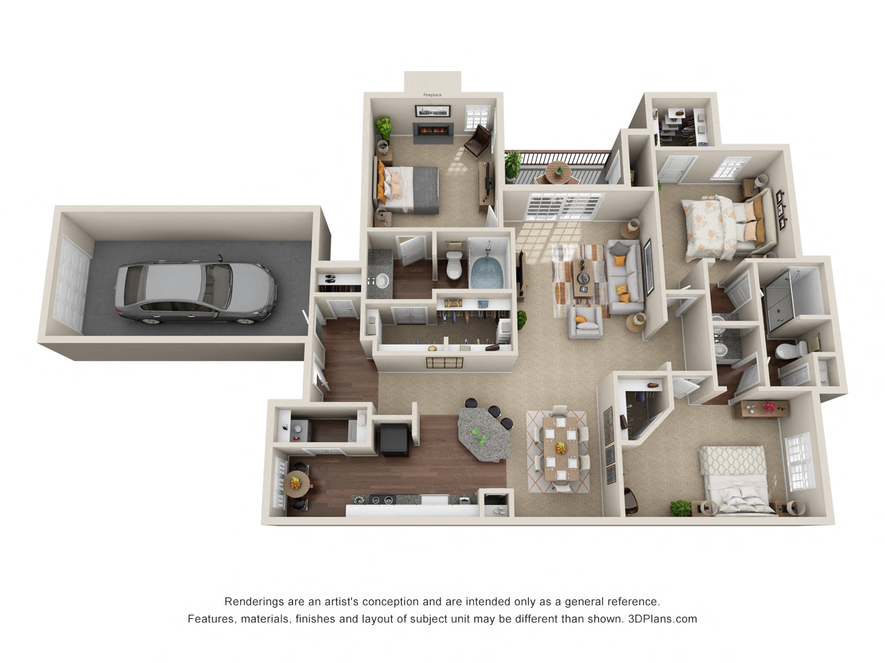 Floor plan for 3 beds, 2 baths, 1526 sqft